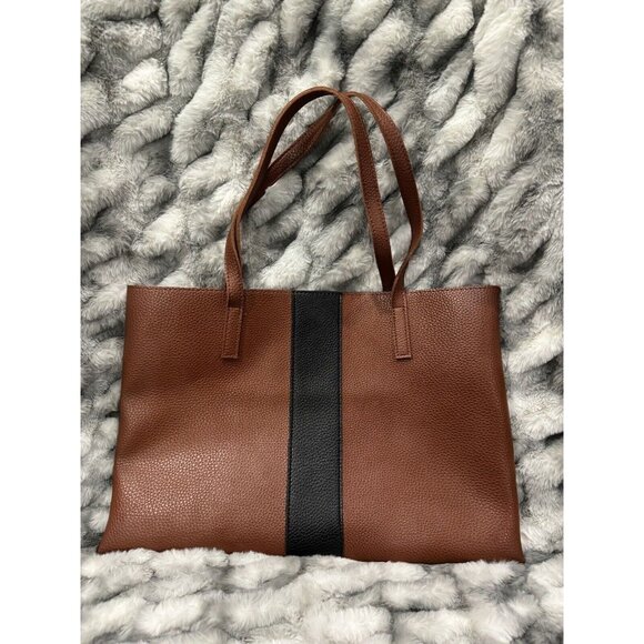 Vince Camuto Vegan Leather Tote Laptop Bag Brown Black Stripe Shopper 11 X 17 - Picture 1 of 8